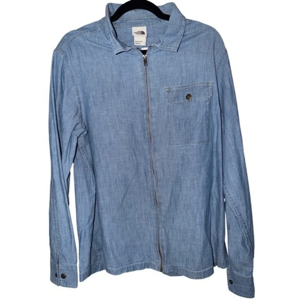 The‎ North Face Zip Up Chambray Shirt Mens Large Blue Lightweight Cotton